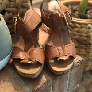 Brown leather cork wedge sandals